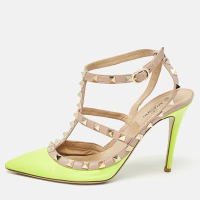 Pre-owned Valentino Garavani Green/beige Pink Leather Rockstud Ankle Strap Pumps Size 38.5