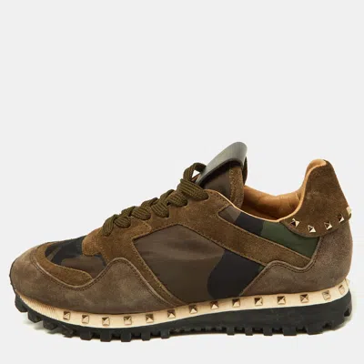 Pre-owned Valentino Garavani Green/brown Suede And Camouflage Canvas Rockrunner Low Top Trainers Size 35