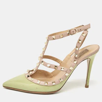 Pre-owned Valentino Garavani Green/dusty Pink Patent And Leather Rockstud Ankle Strap Pumps Size 40