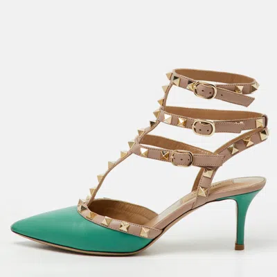 Pre-owned Valentino Garavani Green/old Rose Leather Rockstud Ankle Strap Pumps Size 36