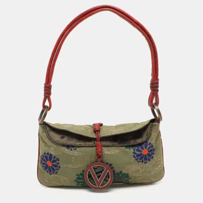Pre-owned Valentino Garavani Green/red Canvas And Lizard Leather V Logo Shoulder Bag