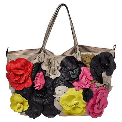 Pre-owned Valentino Garavani Grey Leather Floral Applique Tote