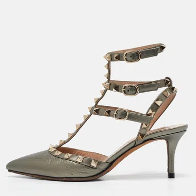 Pre-owned Valentino Garavani Grey Leather Rockstud Ankle Strap Pumps Size 36.5