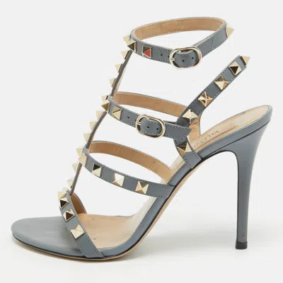 Pre-owned Valentino Garavani Grey Leather Rockstud Ankle Strap Sandals Size 36 In Blue