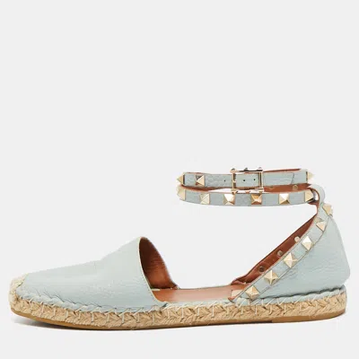 Pre-owned Valentino Garavani Grey Leather Rockstud Espadrille Flats Size 38