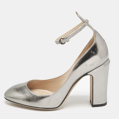 Pre-owned Valentino Garavani Grey Leather Tango Ankle Strap Block Heel Pumps Size 35.5