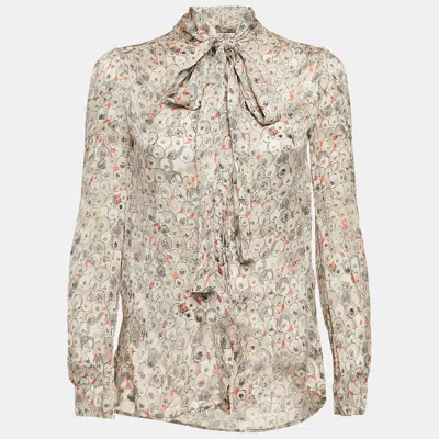 Pre-owned Valentino Grey Printed Silk Button Front Blouse M