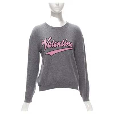 Pre-owned Valentino Grey Virgin Wool Cashmere Pink Cursive Graphic Logo Sweater Top M
