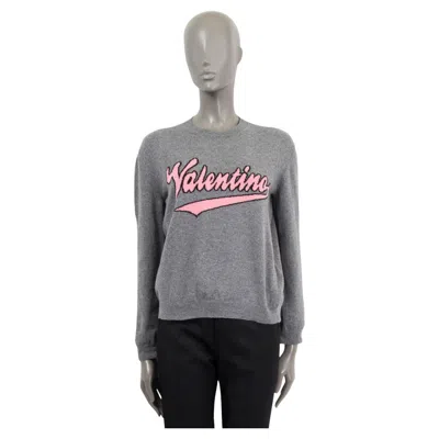 Pre-owned Valentino Grey Wool & Cashmere Pink Intarsia Logo Crewneck Sweater M