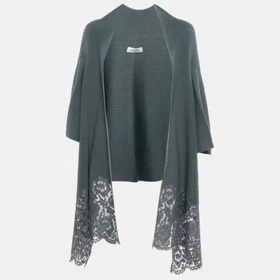 Pre-owned Valentino Grey Wool Rib Knit & Lace Trim Open Cardigan M