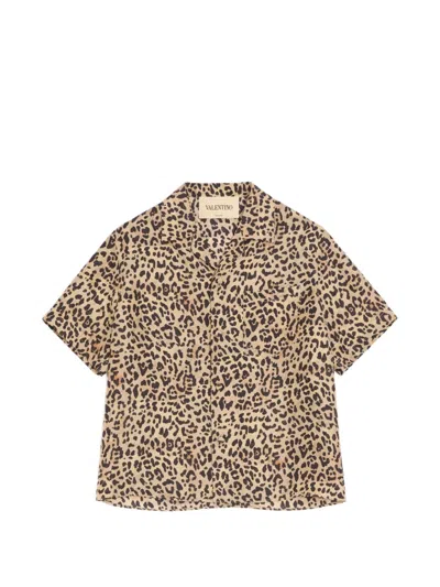 Valentino Habotai Silk Bowling Shirt With Fauve Eclat Animalier Print In Animal Print