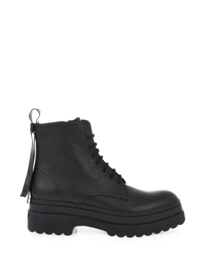 Valentino Garavani Hammered-leather Lace-up Ankle Boots In Black