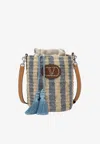 Valentino Garavani Small Bucket Bag In Raffia With Beige And Light Blue Stripes In Multi