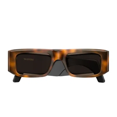 Valentino Havana Linea V Logo Recycled Acetate Rectangular Sunglasses In Brown