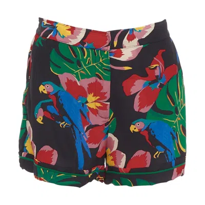 Pre-owned Valentino Hawaiian Couure 100% Silk Crepe Parrot Floral Print High Shorts S In Black