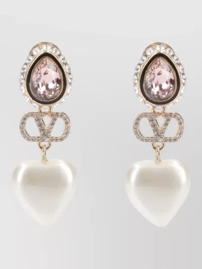 Valentino Garavani Heart Pendant Drop Earrings Gemstones Pearls In Metallic