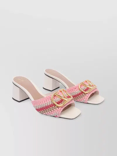 Valentino Garavani Heel Block Crochet Logo Woven Slide In White