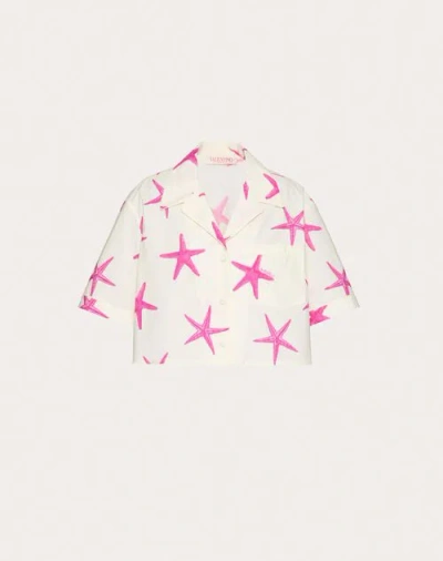 Valentino Starfish Cropped Cotton Poplin Shirt In Ivory Pink