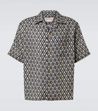 Valentino Bowling Shirt In Cotton Poplin With All Over Toute La V Print In Blue