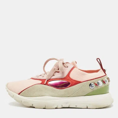 Pre-owned Valentino Garavani Heroes Size 37.5 Multicolor Knit Fabric And Suede Embellishment Low Top Sneakers