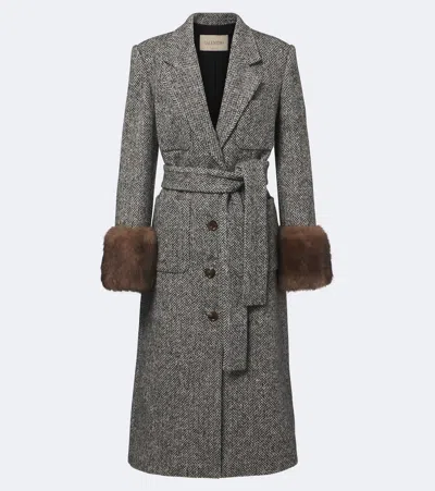 Valentino Herrinbone Shearling-trimmed Wool-blend Coat In Black