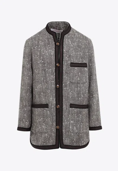 Valentino Herringbone Wool Coat In Brown