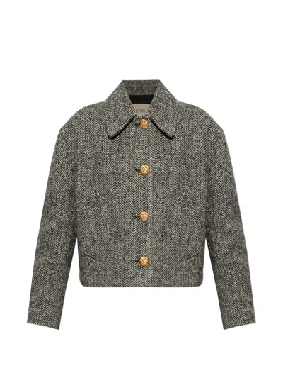 Valentino Tailored Peacoat Cropped Houndstooth Long Sleeves In Gray