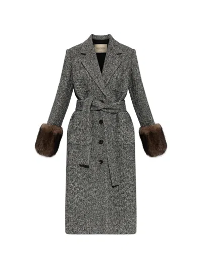 Valentino Belted Shearling-trimmed Herringbone Wool-blend Coat In Gray
