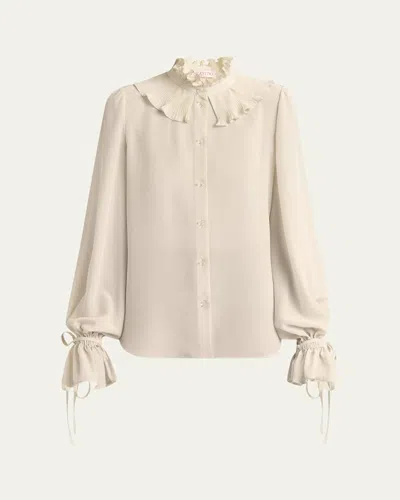 Valentino High Neck Pleated Ruffle Blouse In Cream
