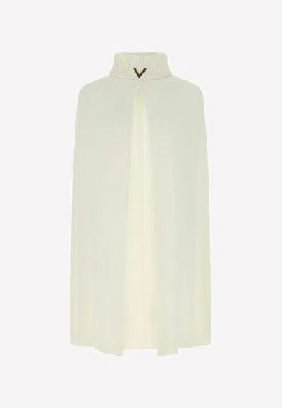 Valentino High-neck Ribbed Knit Poncho With Vlogo Detail In White