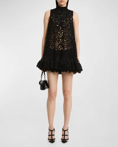 Valentino High-neck Rosette Embroidered Sheer Tulle Mini Dress In Black