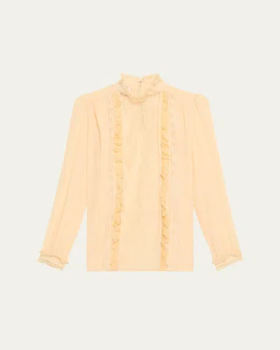 Valentino High-neck Ruffle Lace-bib Silk Blouse In Nude