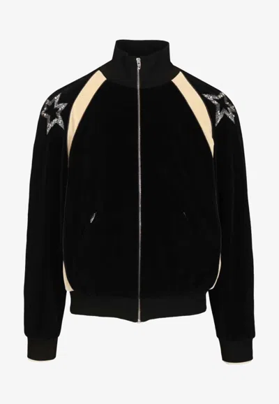 Valentino Beaded Crystal-embellished Cotton-blend Velour Track Jacket In Black