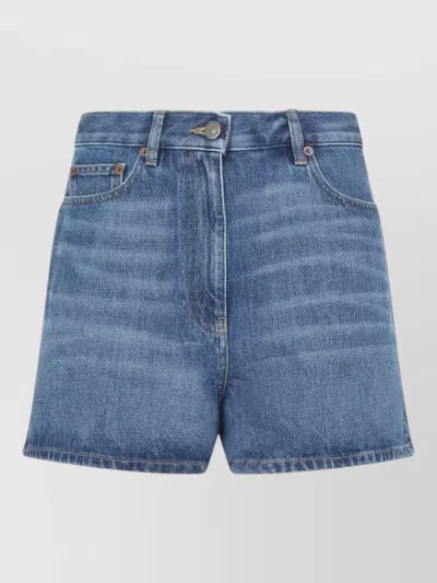 Valentino High Rise Cotton Denim Tailored Shorts In Blue