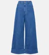 Valentino Womens Brand-patch Buttoned-pockets Wide-leg High-rise Denim And Linen-blend Jeans Medium Blue Denim In Blau
