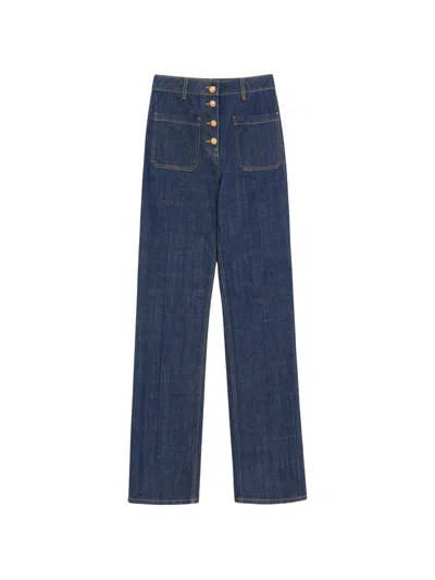 Valentino High-waisted Straight-leg Jeans With Patch Pockets And Exposed Gold Button In Blue