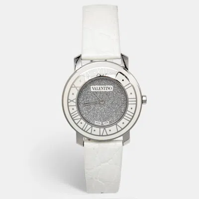 Pre-owned Valentino Garavani Histoire Metallic Grey Dial Stainless Steel Enamel Embossed Leather Women's Wristwatch 37 Mm In White