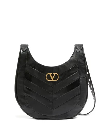 Valentino Garavani Valentino Hoboho Chevron Patterned Logo Plaque Shoulder Bag In Black