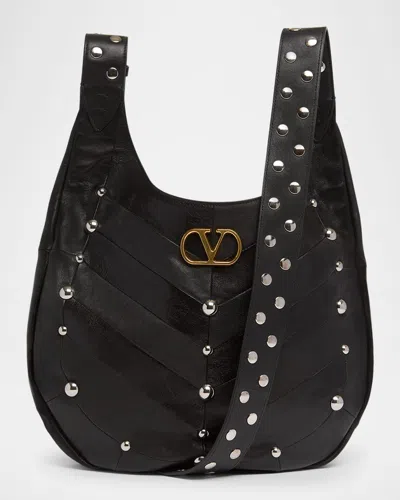 Valentino Garavani Hoboho Studded Patchwork Leather Hobo Bag In Black