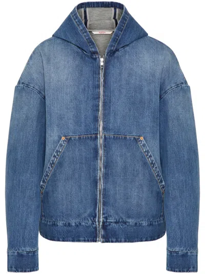 Valentino Hooded Denim Jacket In Medium Blue Denim