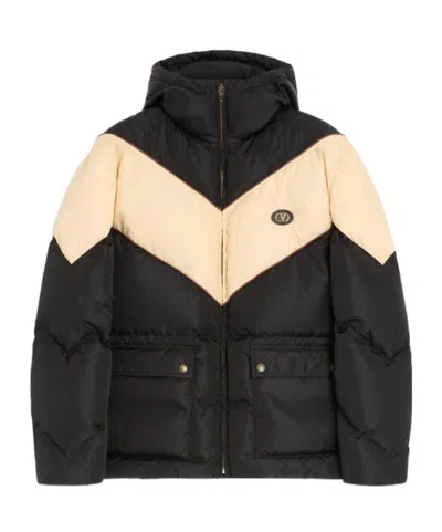 Valentino Hooded Down Jacket In Lightweight Nylon With Inlaid V And Vlogo Patch In Blue