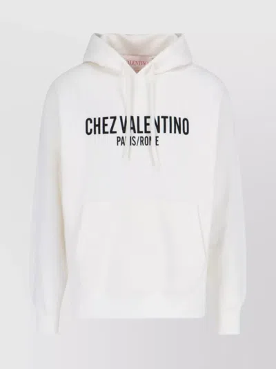 Valentino Hooded Kangaroo Pocket Ribbed Cuffs Sweater In White