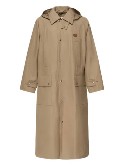 Valentino Hooded Trench Coat With Logo In Brown