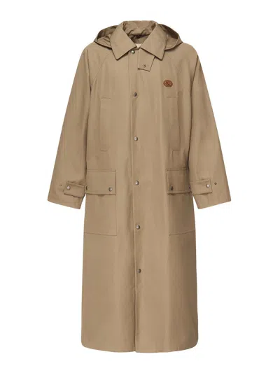 Valentino Hooded Trench Coat With Logo In Neutral