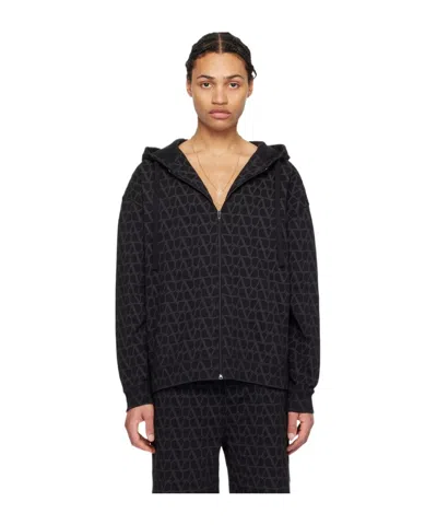 Valentino Hooded Zipper Hoodie In Black