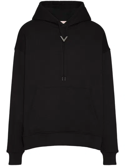 Valentino Cotton Hoodie With Metallic V Detail In Black