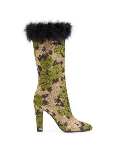 Valentino Garavani Hotty Boot In Lurex Jacquard Fabric And Feathers 100mm In Green