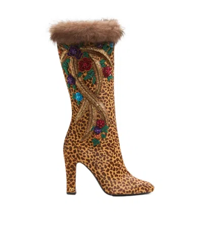 Valentino Garavani Hotty Boot In Pony-effect Calfskin With Floral Embroidery And Fur 100mm In Animal Print