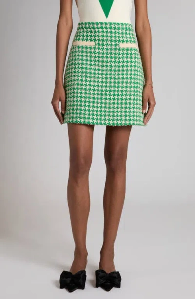 Valentino Houndstooth Cotton Blend Tweed Miniskirt In Green