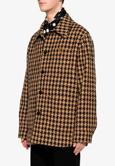 Valentino Houndstooth Overshirt With Metal V In Orange